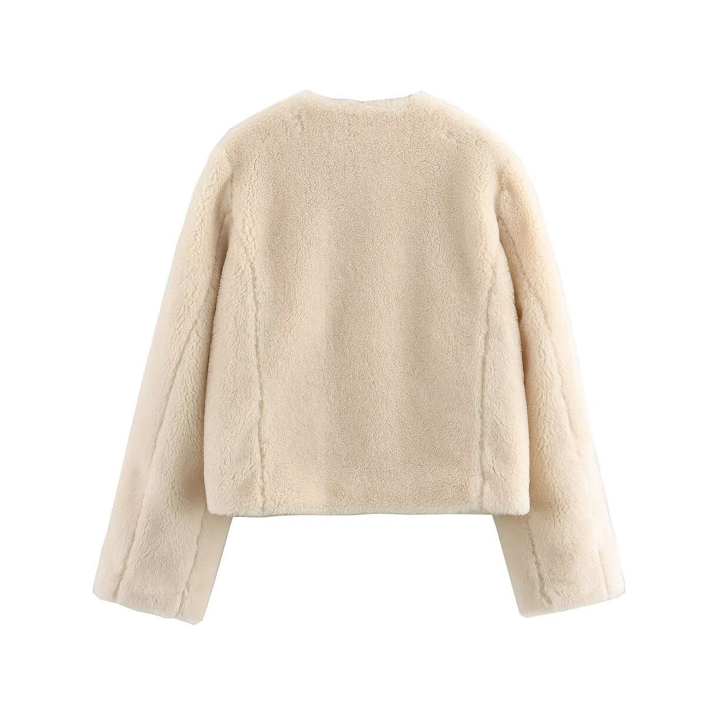 Women's new spring buckle round neck fleece Coat